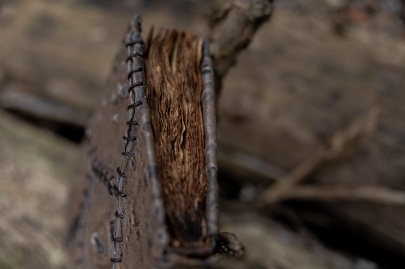 May include: A weathered, leather-bound journal with aged, yellowed pages. The cover is a dark brown with visible stitching along the spine. The book is open, revealing the texture of the paper. The overall aesthetic suggests a vintage or antique item.