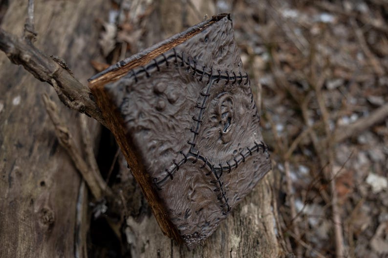 May include: A weathered, brown book with a textured cover and black stitching. The book's cover has a detailed, almost leathery appearance, with a central design and stitched edges. The book is resting on a tree branch, with a blurred natural background.