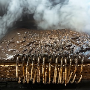 Può includere: Un libro scuro e testurizzato con una spina dorsale fatta di materiale simile all'osso. Il libro è ricoperto da una sostanza nera spessa che sembra colare o sciogliersi. Il fumo sale dal libro, creando un'atmosfera misteriosa e inquietante.