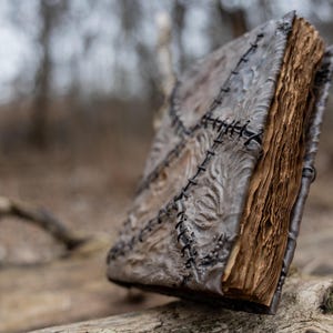 May include: A weathered, handmade book with a textured, gray cover and visible stitching. The aged pages have a warm, brown hue. The book is set against a blurred, natural background, suggesting an outdoor setting.