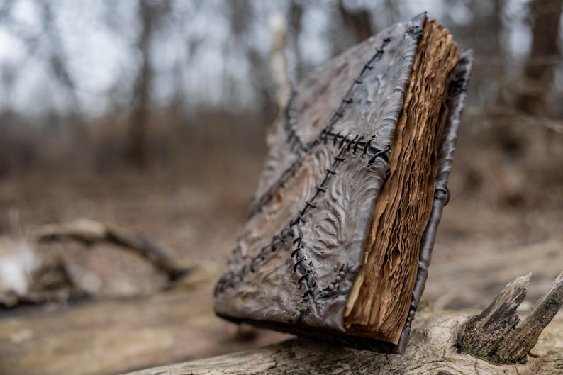 May include: A weathered, handmade book with a textured, gray cover and visible stitching. The aged pages have a warm, brown hue. The book is set against a blurred, natural background, suggesting an outdoor setting.