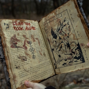 May include: Open book with aged, parchment-like pages. The left page has the text "LEAVE THIS BOOK ALONE" in red, with blood-like stains and symbols. The right page features a black and white illustration of a winged demon. The book is held open.