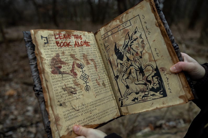 May include: Open book with aged, parchment-like pages. The left page has the text "LEAVE THIS BOOK ALONE" in red, with blood-like stains and symbols. The right page features a black and white illustration of a winged demon. The book is held open.