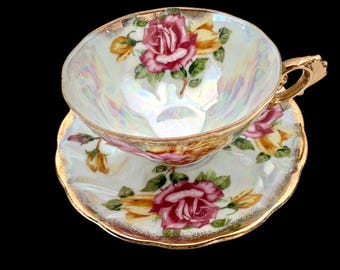 Vintage Royal Sealy Bone China Tea Cup and Saucer: Pink Roses, Gold Trim, 1940s