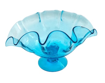 Blue Bischoff Blown Glass Ruffled Blue Footed Centerpiece Bowl with Controlled Bubbles, 1950's