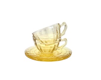 Anchor Hocking Block Optic Yellow depression Glass Tea Cup and Saucer, 1930s, Set of 2