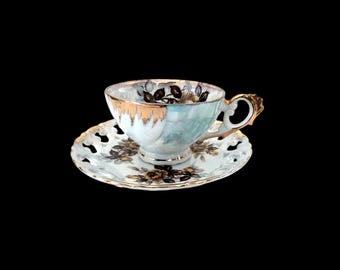 Royal Sealy Lusterware Tea Cup and Saucer: Yellow Roses, Gold Trim, 1940s