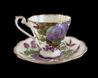 Royal Standard Bone China Tea Cup and Saucer: Fruit Pattern, Gold Trim