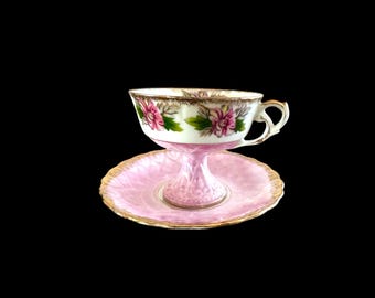 Royal Halsey Bone China Tea Cup and Saucer: Pink Floral Gold Trim, Victorian Style