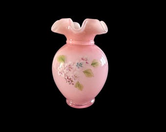 Fenton Pink Vase Floral Design Hand Painted with Artist Signature