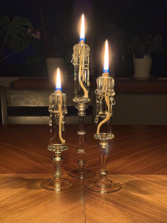 Set of 3- Vintage Style Glass Candle Lamp – Handmade Oil Burning Candle, Reusable Wick