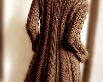 Aran Cable Coat Knitting Pattern - Long A Line Jacket Dress with Cables PDF, Swing Cardigan