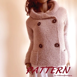 May include: A pink knitted cardigan with a double breasted closure and two pockets. The cardigan has a wide collar and is made with a textured stitch. The text "PATTERN... by Pillandpattern" is at the bottom of the image.