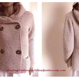 May include: A light pink knitted cardigan with a double breasted closure, two pockets, and a hood. The cardigan is made with a textured stitch.