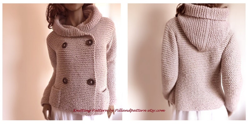 May include: A light pink knitted cardigan with a double breasted closure, two pockets, and a hood. The cardigan is made with a textured stitch.