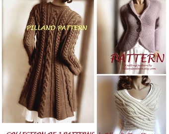 Collection of 3 Knitting Patterns Cowl Vest Womens Sweater Coat Knit Blazer Jacket Knit Cardigan in ENGLISH ONLY PDF Pattern