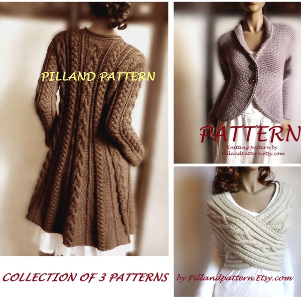 Collection of 3 Knitting Patterns Cowl Vest Womens Sweater Coat Knit Blazer Jacket Knit Cardigan in ENGLISH ONLY PDF Pattern