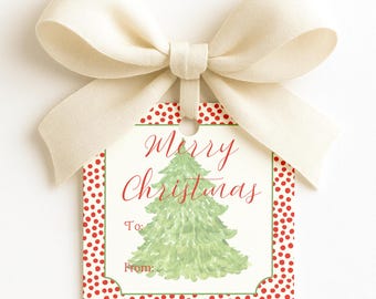 Red Polka Dot Watercolor Christmas Tree Printable Gift Tag, Editable (Instant Digital Download) #CTAG-0004