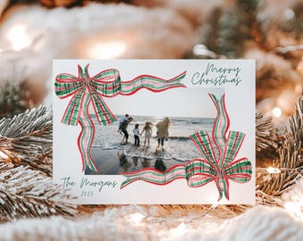 Watercolor Double Plaid Bow Christmas Card, Editable (Instant Digital Download) #CCRD-0013
