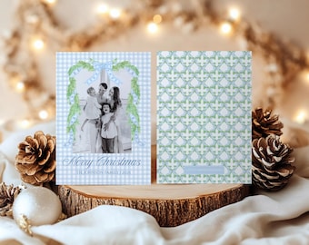 Blue Gingham Grandmillennial Watercolor Garland Christmas Card, Editable (Instant Digital Download) #CCRD-0005