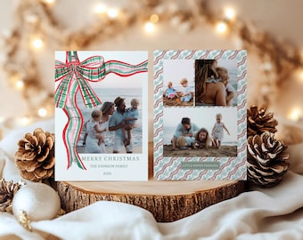 Watercolor Plaid Bow Christmas Card Front and Back, Editable (Instant Digital Download) #CCRD-0003