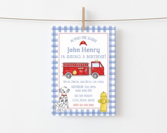 Blue Gingham Watercolor Fire Engine Birthday Party Invitation, Editable (Instant Digital Download) #BDINV-0015