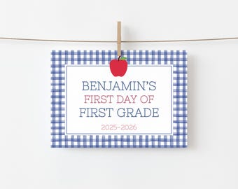 First Day/Last Day of School Sign, Navy Gingham Editable Template (Instant Digital Download) #B2S-0004