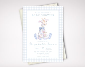 Grandmillennial Watercolor Giraffe Baby Shower Invitation, Blue, Editable Template (Instant Digital Download) #BSINV-0006