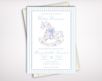 Grandmillennial Watercolor Rocking Horse Baby Shower Invitation, Blue, Editable Template (Instant Digital Download) #BSINV-0004