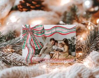 Watercolor Plaid Bow Christmas Card Front and Back, Editable (Instant Digital Download) #CCRD-0006