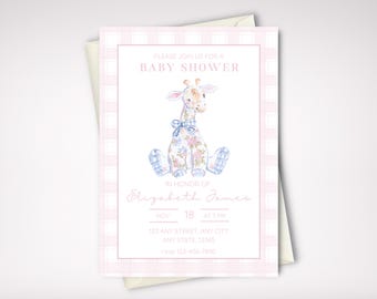 Grandmillennial Watercolor Giraffe Baby Shower Invitation, Pink, Editable Template (Instant Digital Download) #BSINV-0007