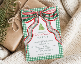 Green Gingham and Watercolor Christmas Bow Christmas Party Invitation, Editable (Instant Digital Download) #CINV-0011