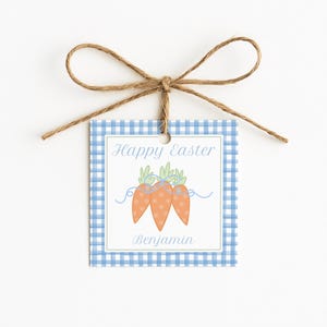 May include: A square gift tag with a blue gingham border and a brown twine bow. The tag features the text "Happy Easter" and a graphic of three orange carrots with green tops. The name "Benjamin" is printed below the carrots.