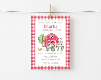 Red Gingham Watercolor Farm Birthday Party Invitation, Editable (Instant Digital Download) #BDINV-0013