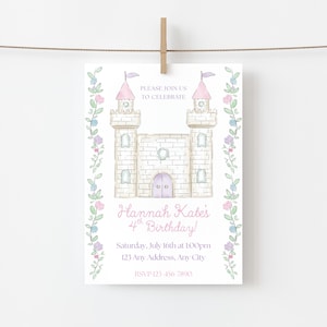 May include: A rectangular invitation card featuring a watercolor illustration of a beige stone castle with pink turrets and a purple door. The text reads: PLEASE JOIN US TO CELEBRATE, Hannah Kate's 4th Birthday!, Saturday, July 16th at 1:00pm, 123 Any Address, Any City, RSVP 123-456-7890. Floral vines border the sides.