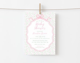 Floral Watercolor Toile Baby Shower Invitation, Editable (Digital Download) BSINV-0012