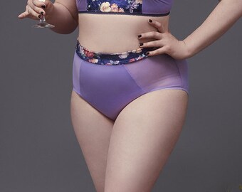 Satin lavander panels and floral velvet waist band, high waisted panty "Malt" sheer mesh sides, knickers, satin women lingerie, see-through