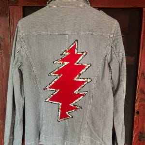 May include: A long-sleeved button-down shirt with a fine blue and white pinstripe pattern. The back features a large, jagged lightning bolt applique in solid red, bordered by a thin floral fabric trim with small red and green flower details.