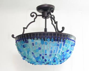 Sea Glass Chandelier Lighting Fixture Beach Glass Ceiling Fixture Flush Mount Light Coastal chandelier Crystal chandelier