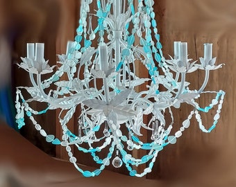 Sea Glass Chandelier, French Cottage Wrought Iron Coastal Light Fixture