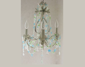 Sea Glass Lighting Fixture Chandelier Beach Cottage Chic Coastal Decor Lighting Fixture Beach Glass Lighting Fixture Tole