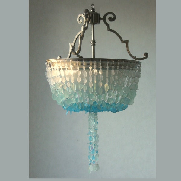 Sea Glass Chandelier Ombre Semi-FLUSH  Coastal Decor Beach Glass Ceiling Fixture  * the Caroline Sound *