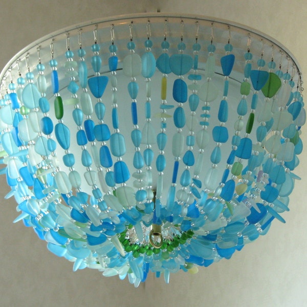 Sea Glass Ceiling Light Fixture Chandelier Lighting FLUSH MOUNT Coastal Decor Beach Glass Crystal Chandelier Beach House Decor