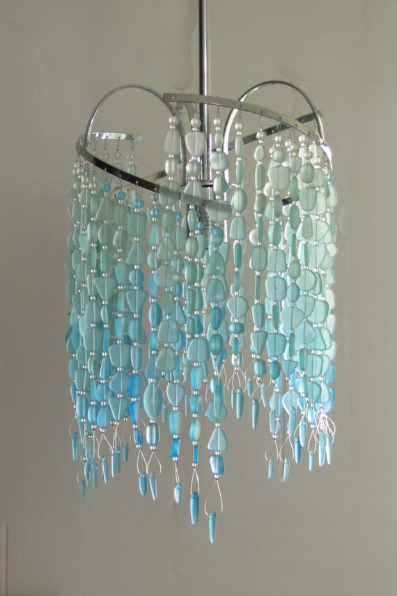 Sea Glass Pendant Hanging Light Kitchen Island Beach Chandelier Turquoise Beachy Coastal Decor Crystal