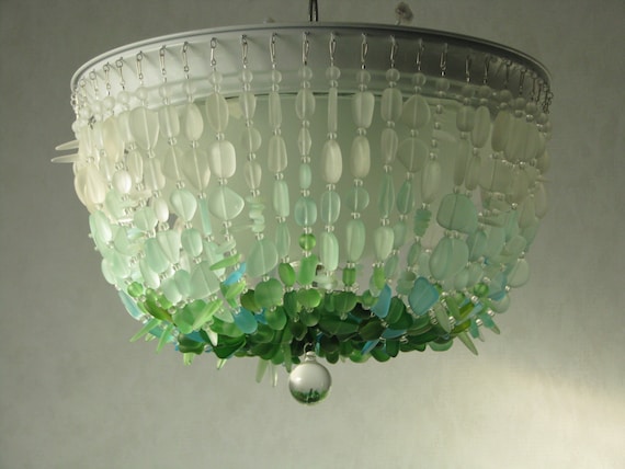 Sea Glass Chandelier Ombre Flush Mount Coastal Decor Beach Glass Ceiling Fixture The Rockaway Beach
