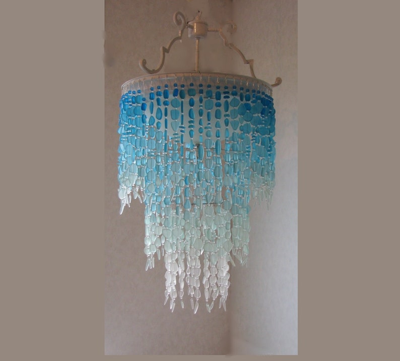 Sea Glass Chandelier Lighting Fixture Flush Mount Ceiling Fixture Coastal Decor Beach Glass Lighting Crystal Chandelier Sea glass Lighting image 1