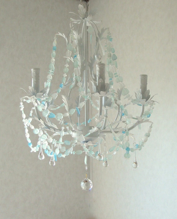 Sea Glass Chandelier Lighting Beach Cottage Chic Coastal Decor