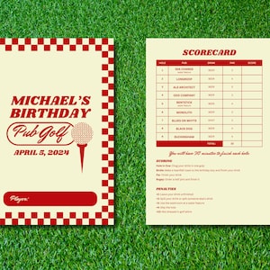 Tarjeta de puntuación editable para golf en pubs y bares, descarga instantánea y totalmente personalizable