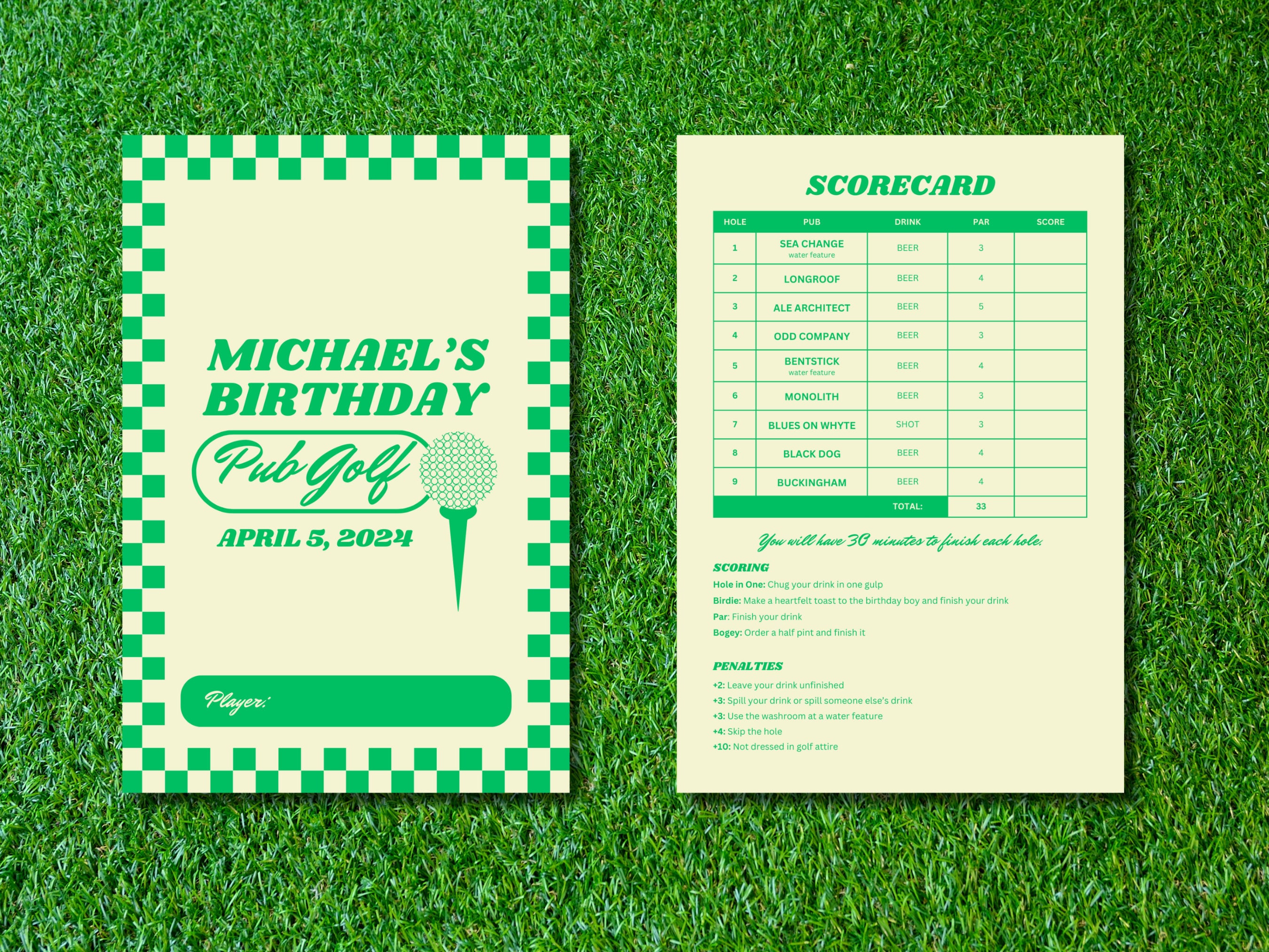 Editable Pub Golf / Bar Golf Scorecard Instant Download Fully Customizable