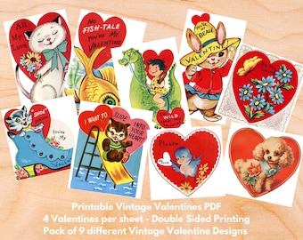 Printable Vintage Valentines / Pack of 9 different designs